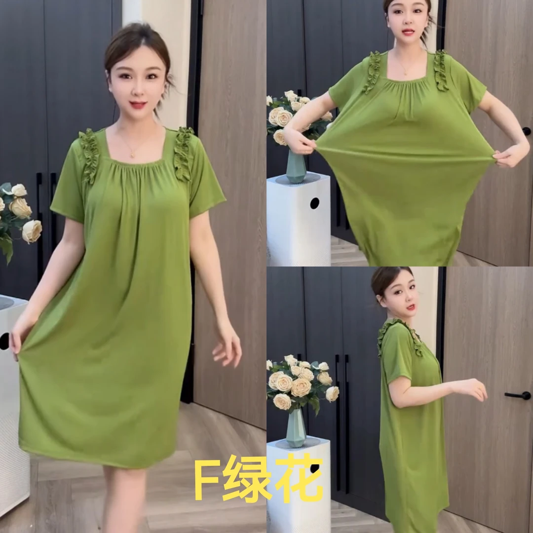 夏季甜美薄款中长款夏装一字领夏季短袖睡裙显瘦透气宽松休闲女士