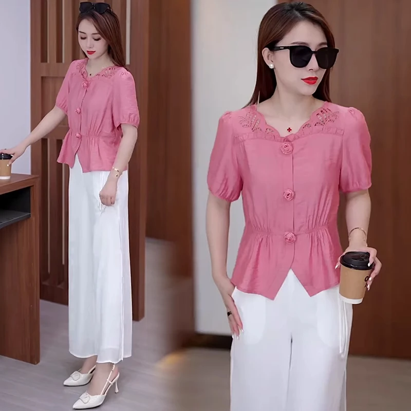 时尚高级感气质套装女2025夏季新款不规则显瘦中袖衬衫休闲两件套