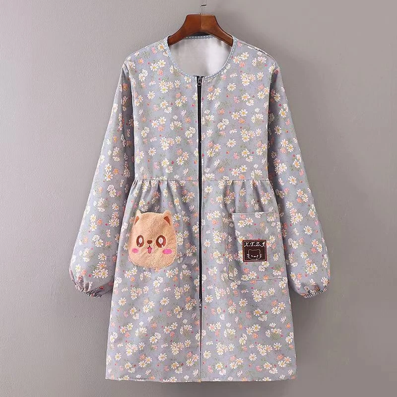 网红新款碎花加厚拉链正穿围裙厨房做饭做家务上班干活外套正穿衣