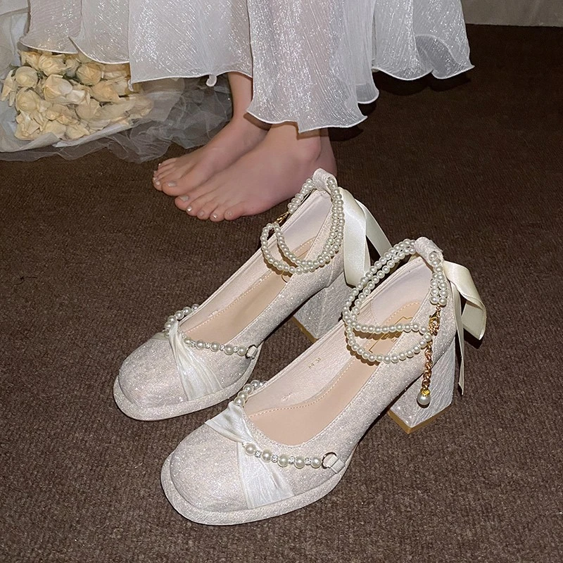 花婉玛丽珍婚鞋一字带中跟不累脚粗跟高跟鞋法式小众设计主婚纱鞋