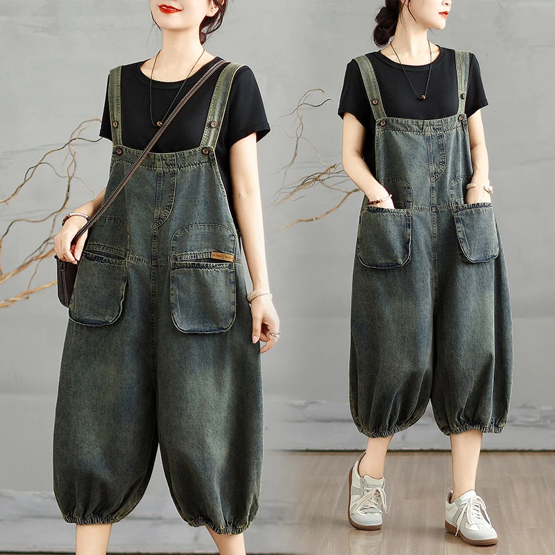 【软牛仔】减龄牛仔七分背带裤女夏宽松吊带显瘦遮肉阔腿灯笼裤