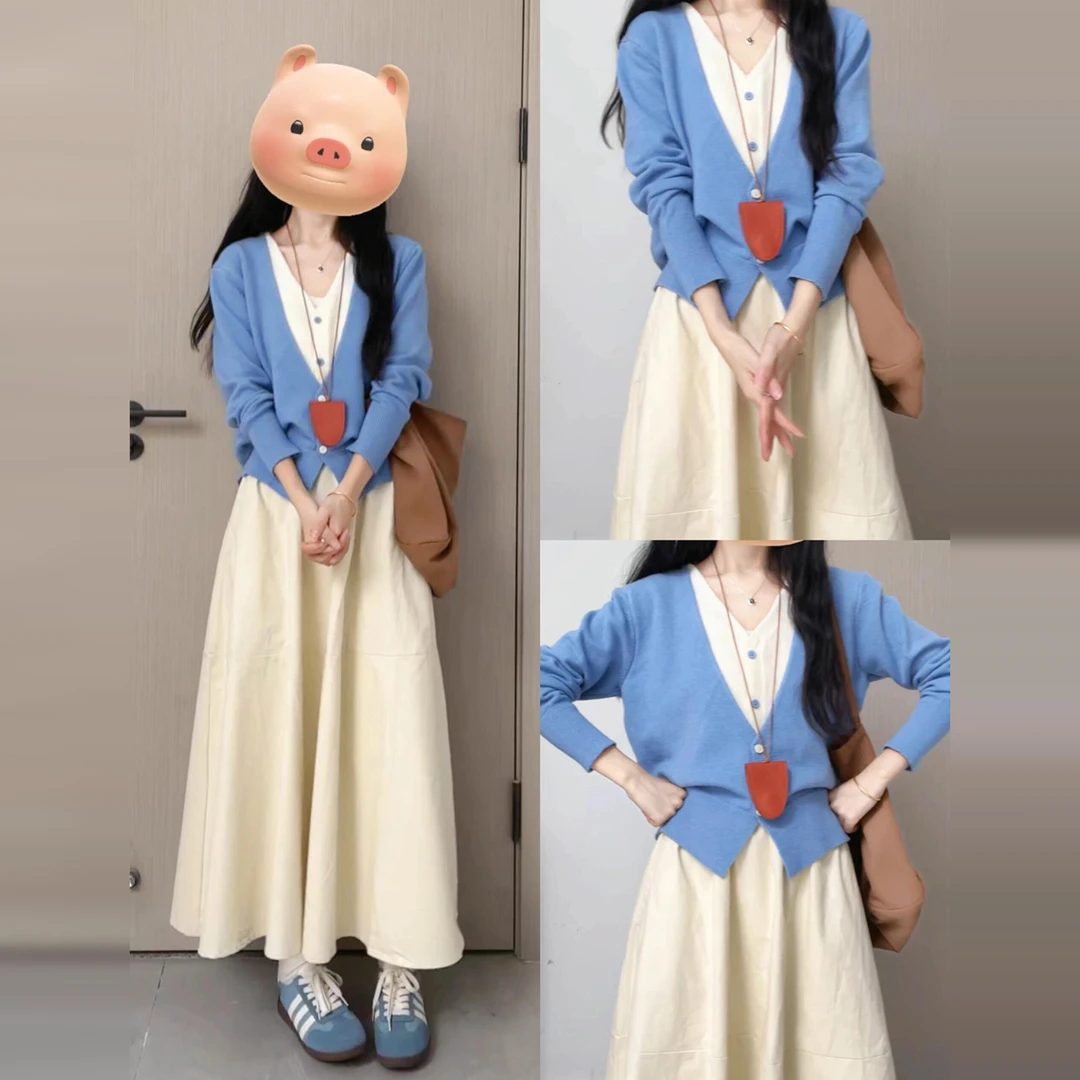 蓝色假两件针织衫上衣女2025新款爆款秋季韩系慵懒高级感毛衣套装