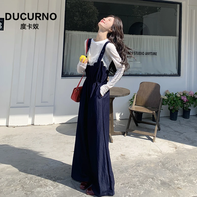 蕾丝花边牛仔背带裤套装女春秋2025超火减龄洋气收腰连体衣两件套