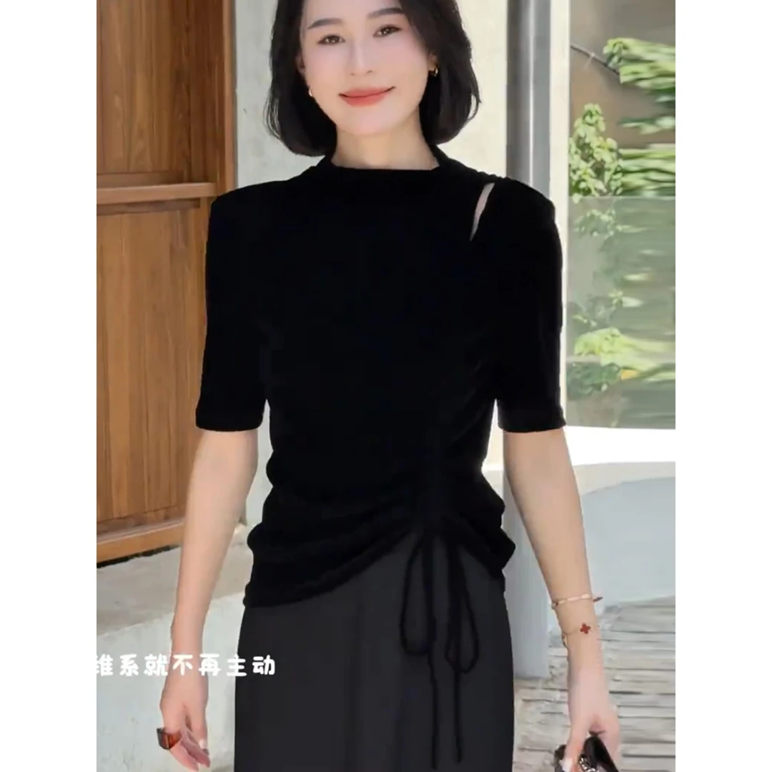 思文 秋季时尚休闲洋气百搭显瘦抽绳丝绒上衣女露肩半高领打底t恤