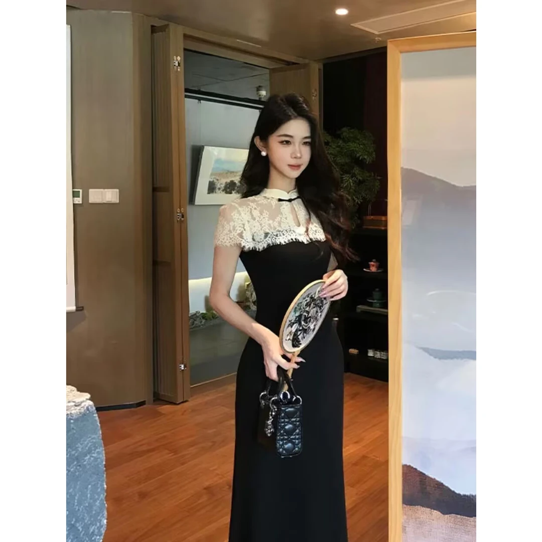 木子李的李锦绣河山新中式蕾丝连衣裙针织收腰拼接长裙女