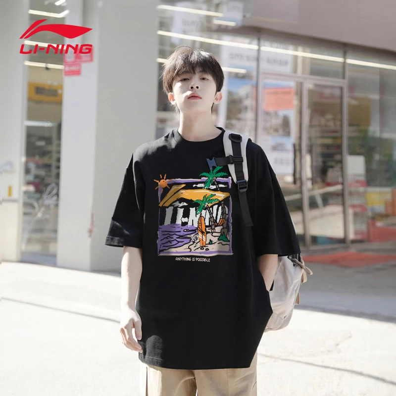李宁男款短袖2025夏季新款棉质时尚舒适印花圆领休闲百搭运动T恤