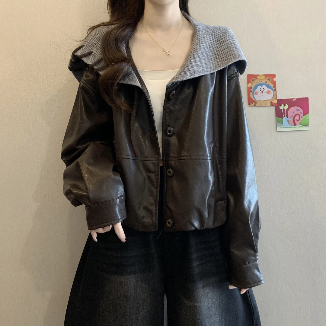 复古翻领皮衣外套女秋冬2025新款大码胖mm宽松短款夹克机车服上衣
