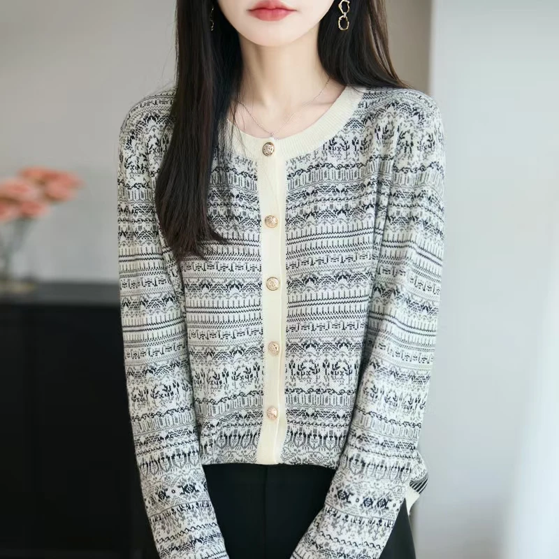 费尔岛提花针织开衫女毛衣2025秋冬新款法式设计感小香风短外套潮
