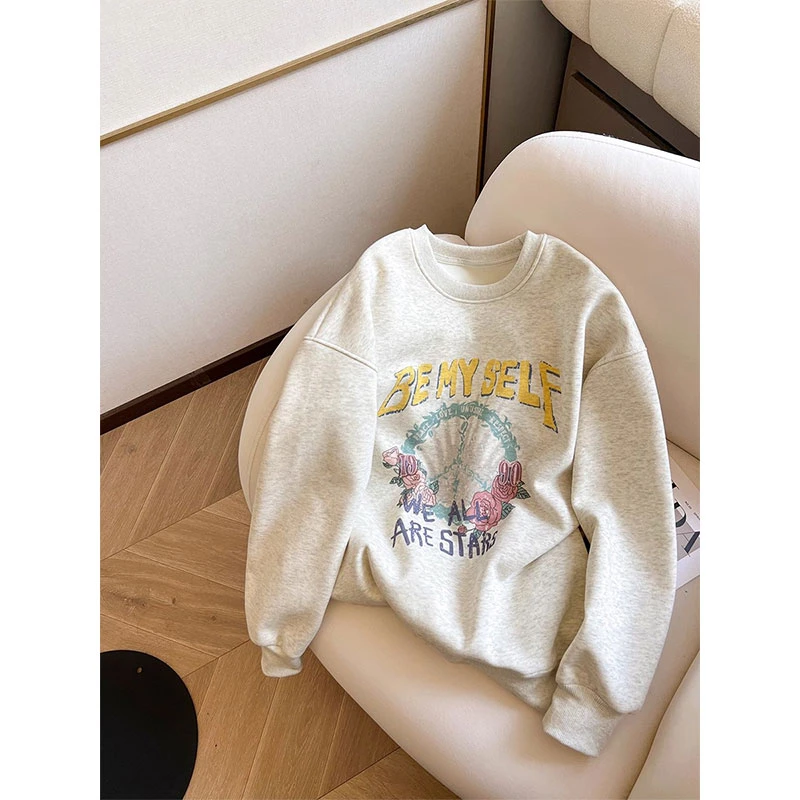 大码无帽卫衣女款2025秋冬季新款胖mm美式复古印花设计感上衣