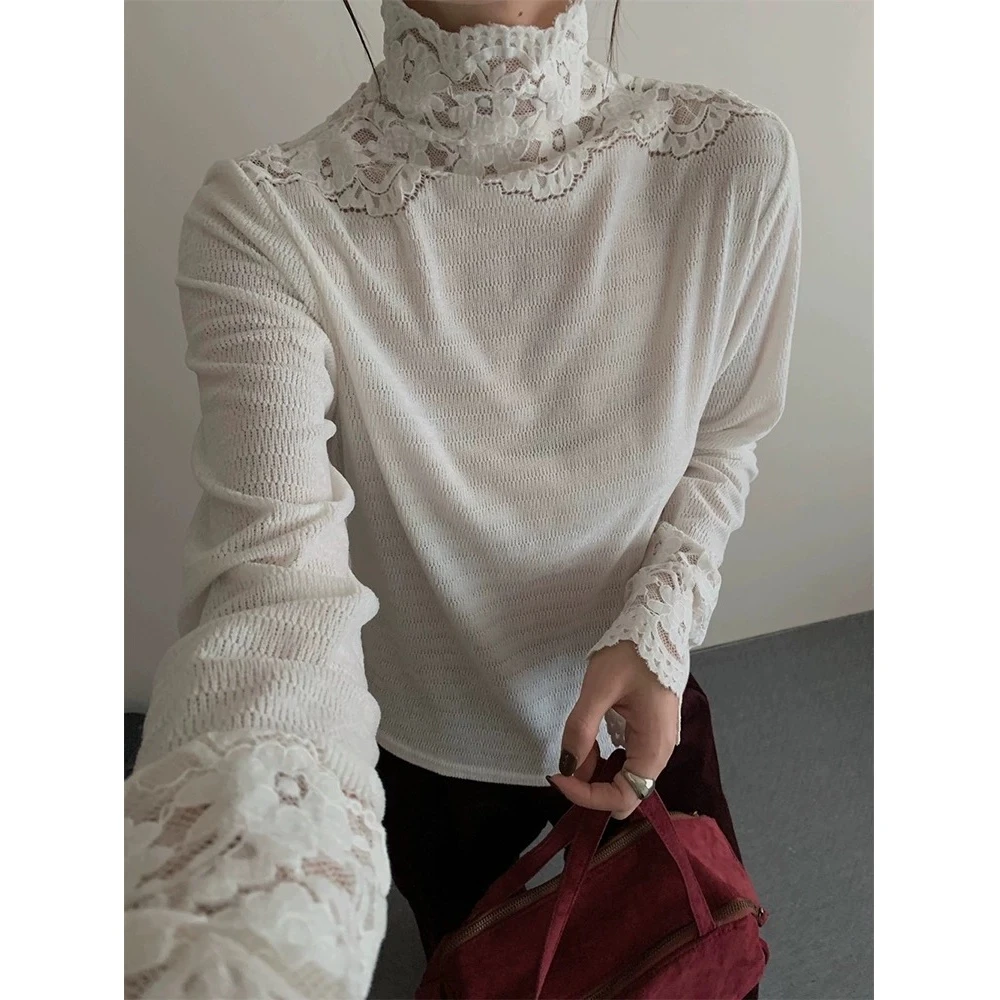【晨浠定制】新款时尚蕾丝拼接半高领毛绒打底上衣7076
