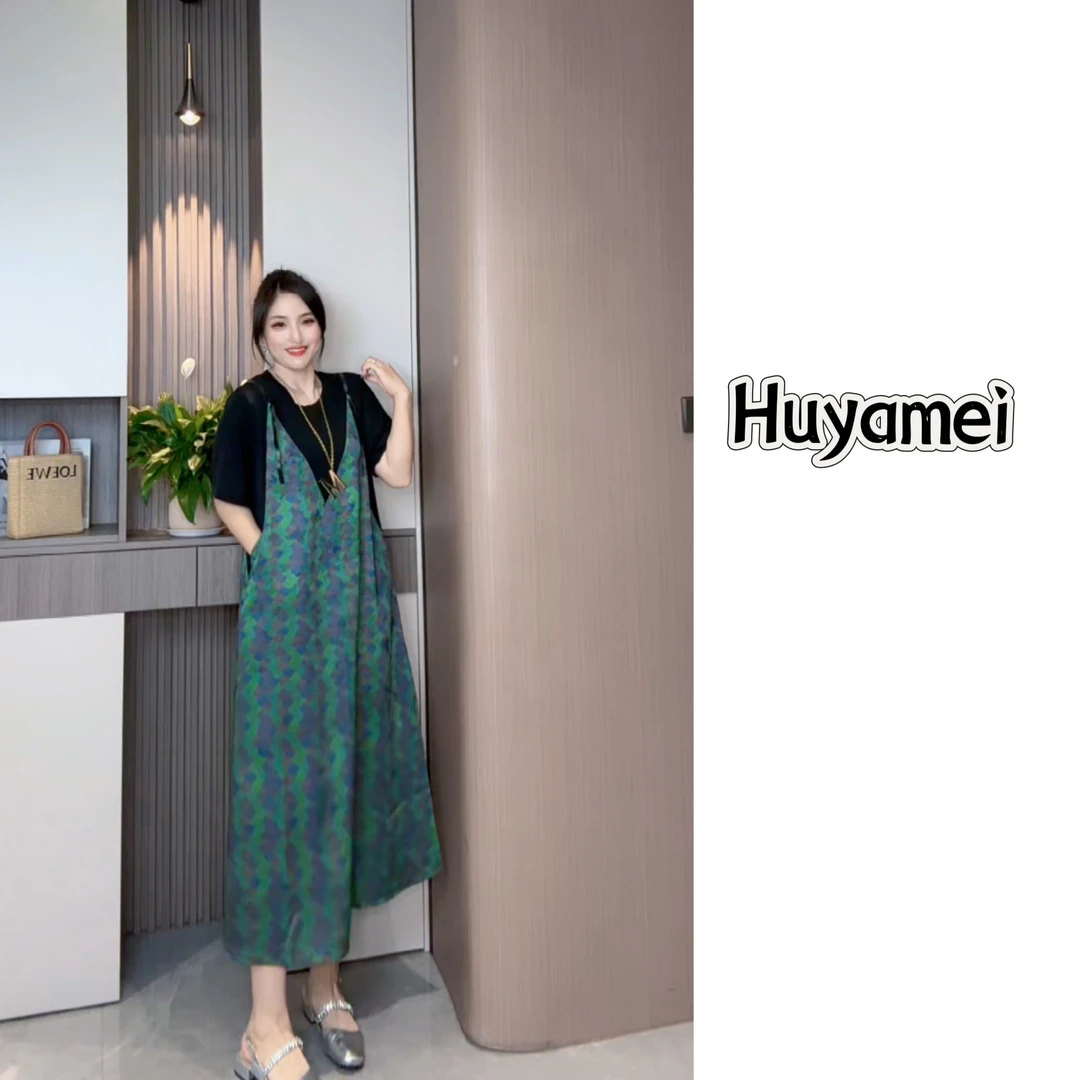 夏季新款设计感小众百搭拼接假两件短袖中长连衣裙背带