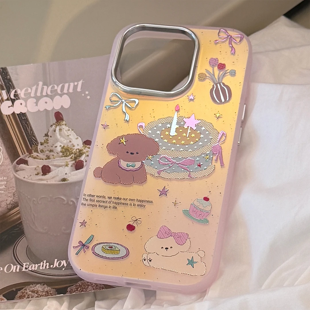鎏金镭射适用iphone15手机壳16Promax粉色蛋糕小狗12防摔14卡通13