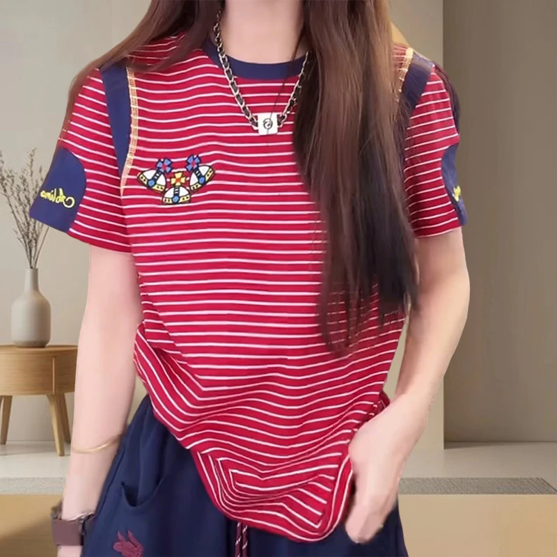 韩版休闲女t恤短袖减龄显瘦条纹打底衫女拼接上衣ins潮牌流行女装