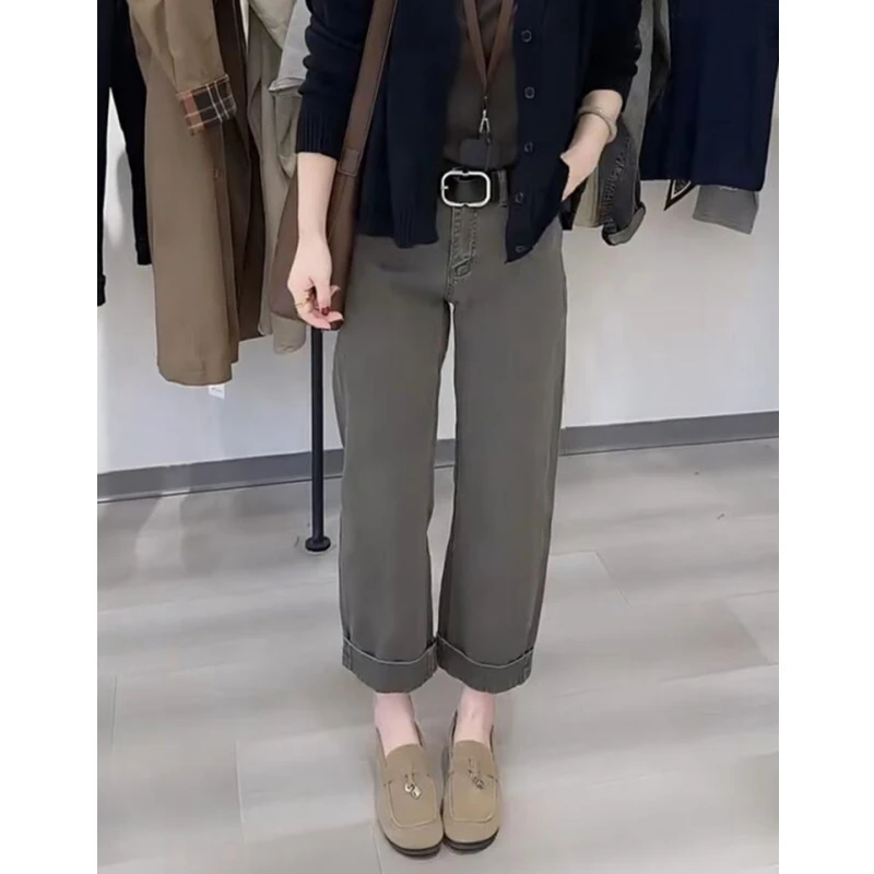 梨型身材高腰九分直筒牛仔裤女2025秋冬新款小个子弹力显瘦法棍裤