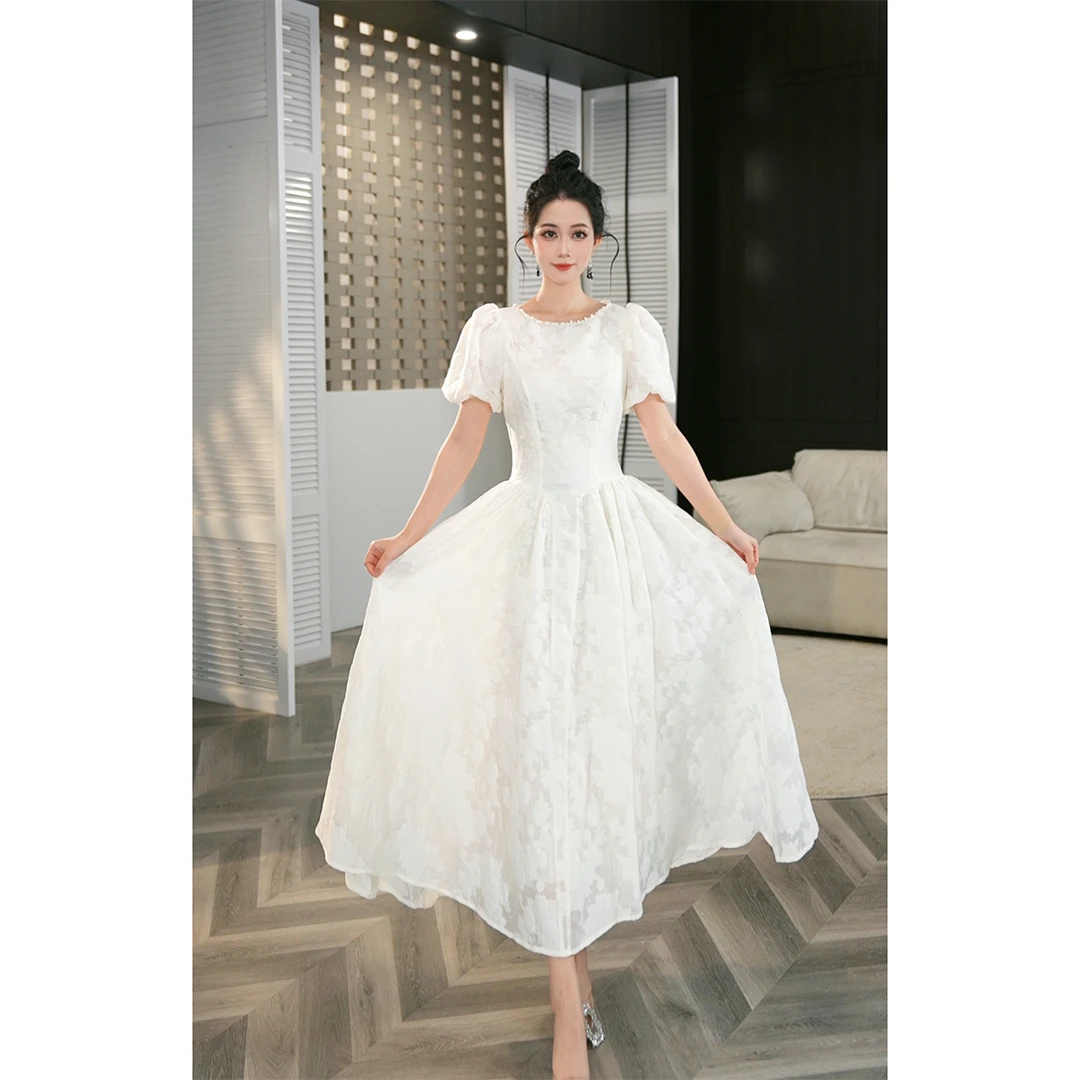 【lulu定制】气质法式轻奢优雅高定泡泡袖收腰显瘦大摆连衣裙70826