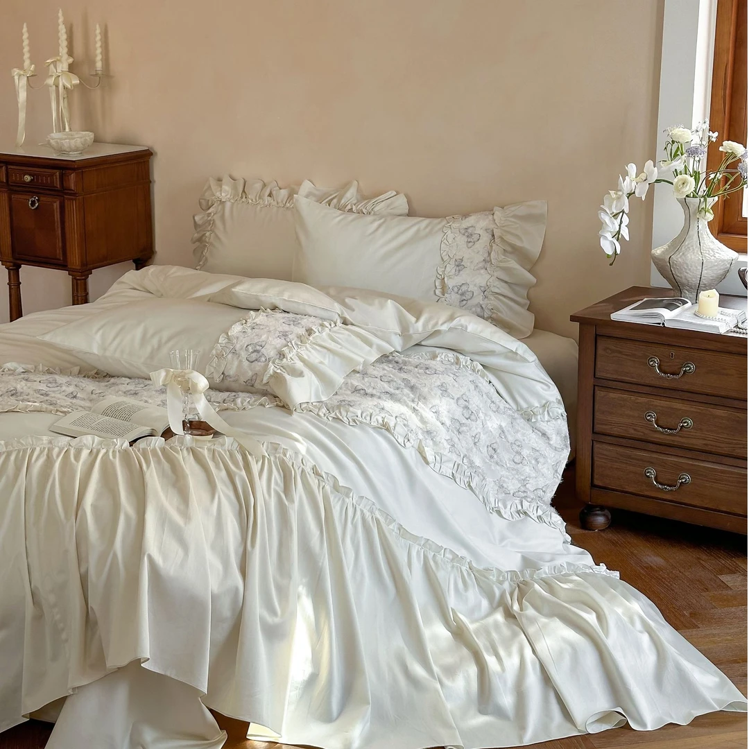 漫漫 法式全棉贡缎四件套鱼尾拖摆复古床品套件轻奢欧式