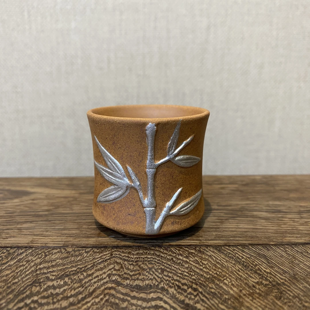 暖小瓷粗陶老岩泥黄陶手绘描银竹节杯主人杯茶杯手工茶杯