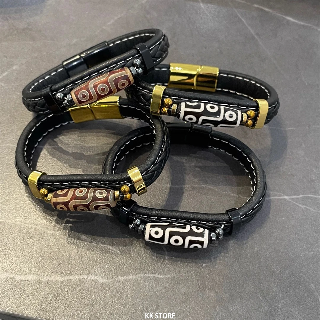 钛钢皮质手链 复古九眼串珠皮手环男手链女小众设计感民族风配饰