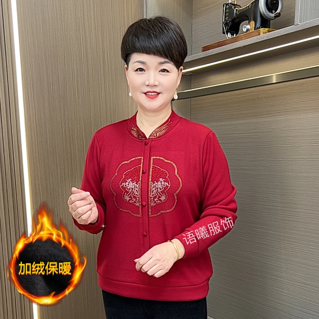 宽松型常规款厚款加绒中老年女装休闲复古圆领时尚打底衫F1598