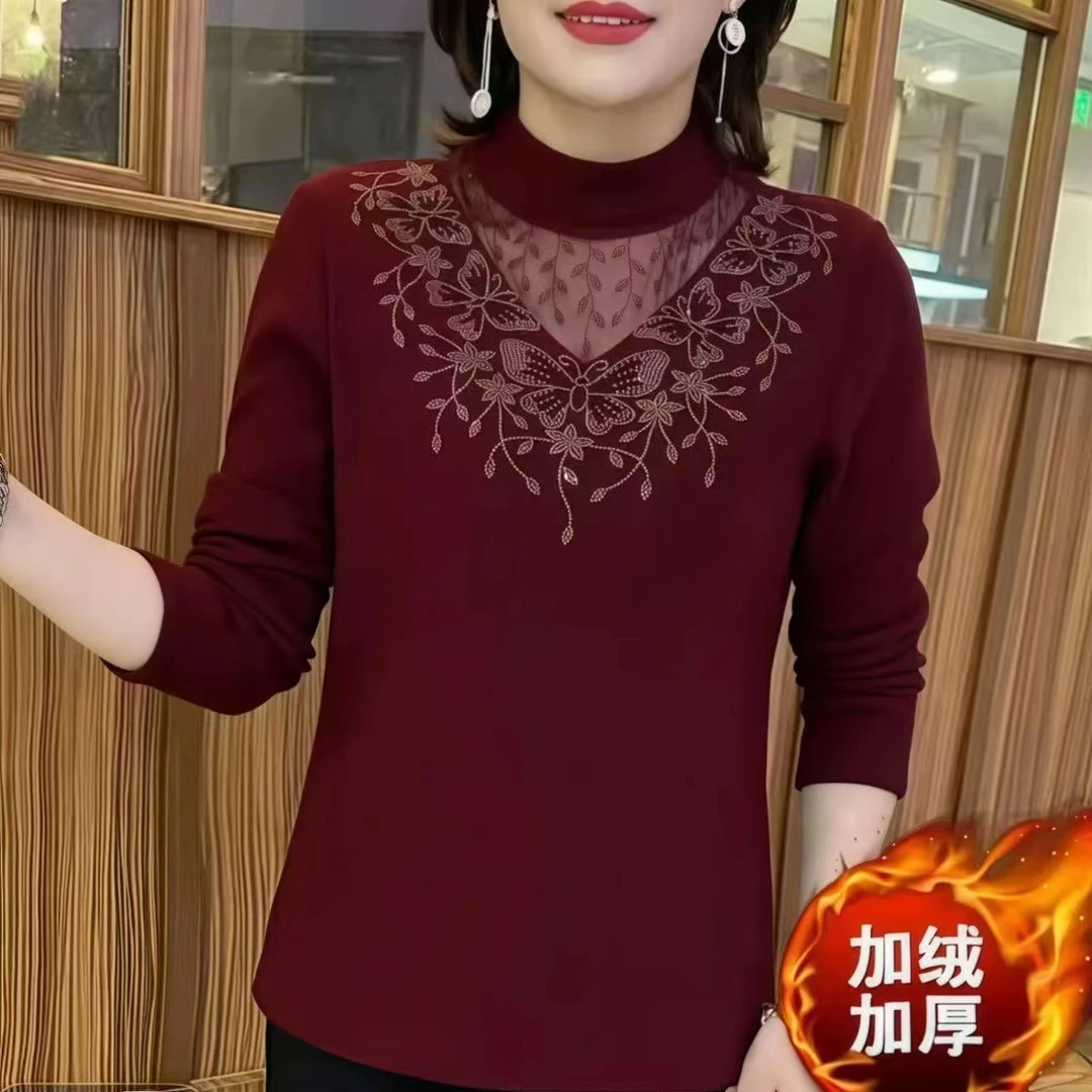 新款秋冬德绒半高领网纱绣花烫钻长袖中老年时尚保暖减龄遮肚上衣