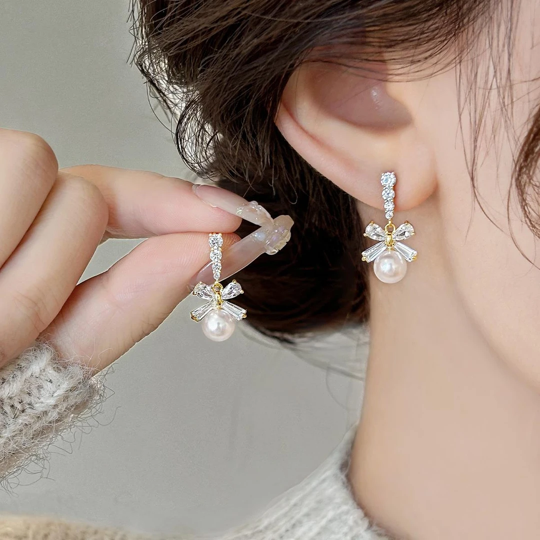 CAIEM KAIET 925银合成锆石耳饰 蝴蝶结珍珠耳坠女耳环高级感耳夹