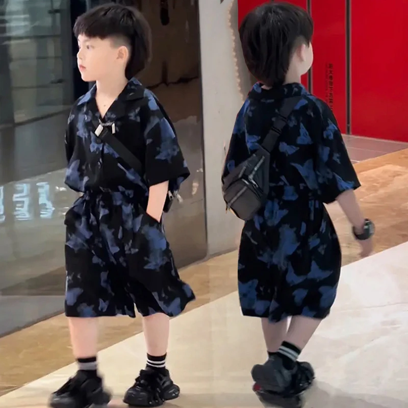 男童夏季衬衫短袖薄款套装网红炸街小童宝宝痞帅夏装两件套装男童