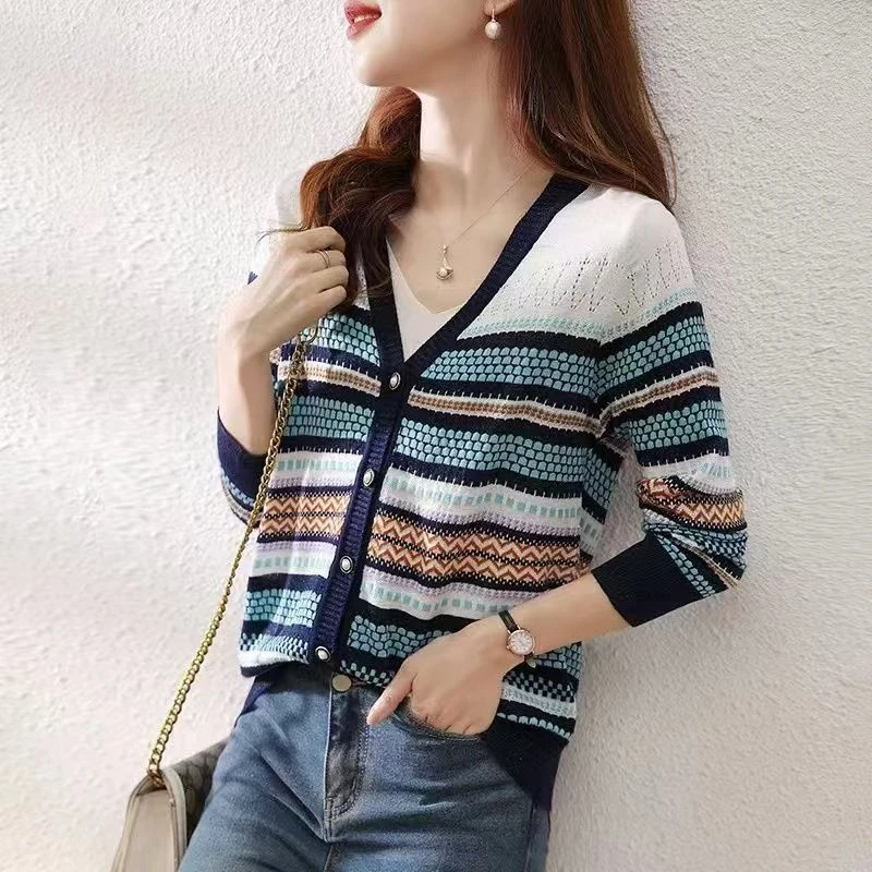 L-2301-2400 LL女装小香风气质长袖针织时尚百搭条纹拼色轻奢