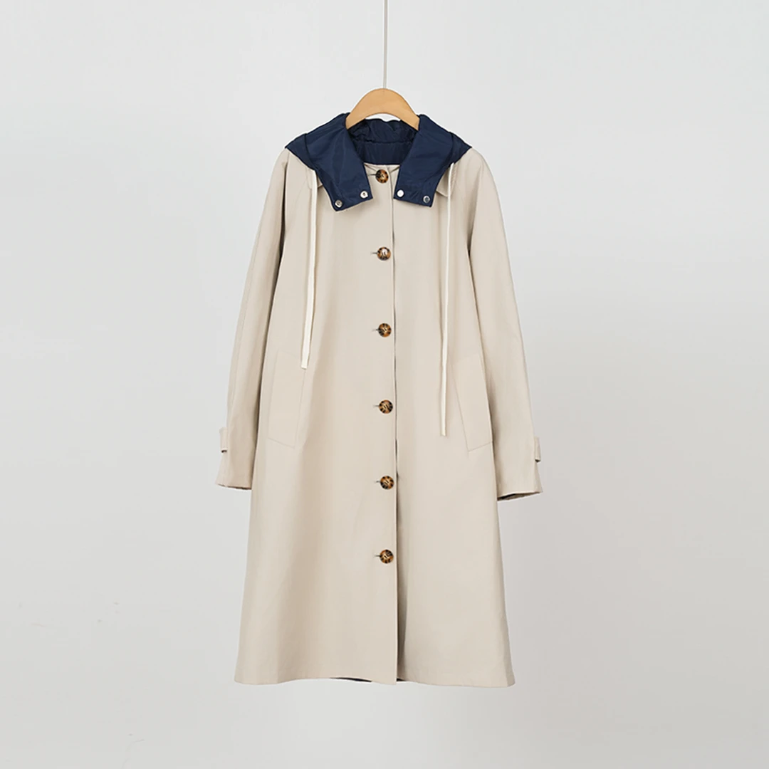 谬风秀场款时髦双面穿撞色设计感气质连帽女士风衣外套（251839）