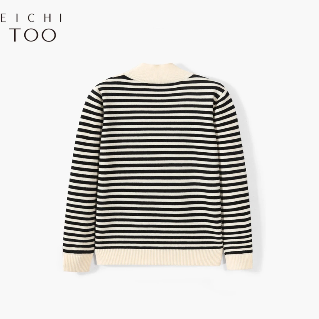 法式落肩针织衫毛针织衫毛衣条纹针织衫修身拼色长袖