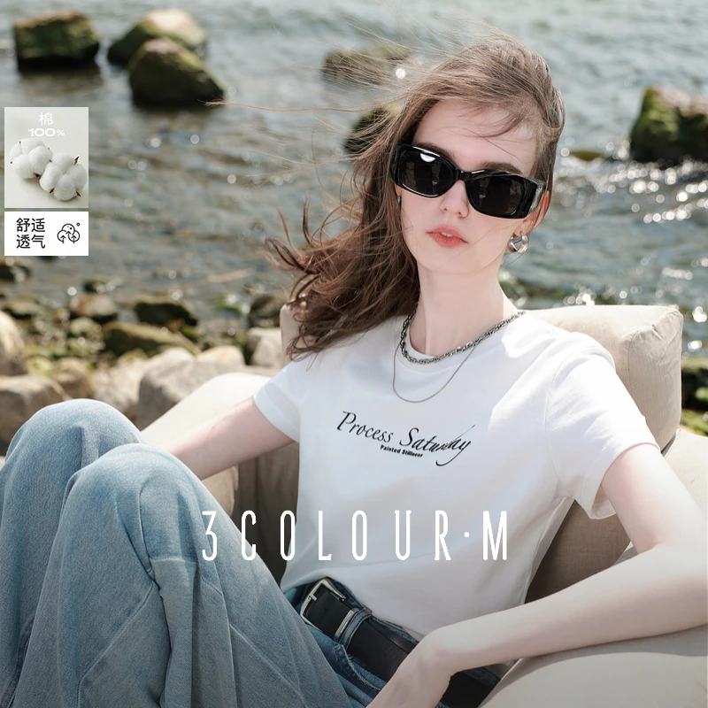 【100棉】三彩2025夏季新款字母印花T恤圆领正肩短袖上衣休闲女M