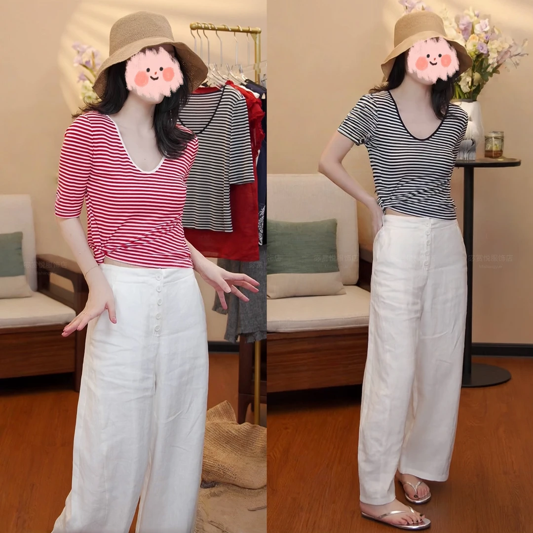 2025夏季新款显瘦简约撞色条纹短袖上衣T恤套装懒惰松弛感休闲裤
