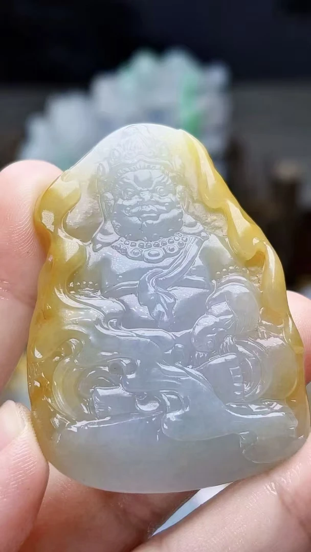 天然缅甸翡翠冰黄翡黄财神吊坠毛货买断需抛光尺寸56-40-7.3