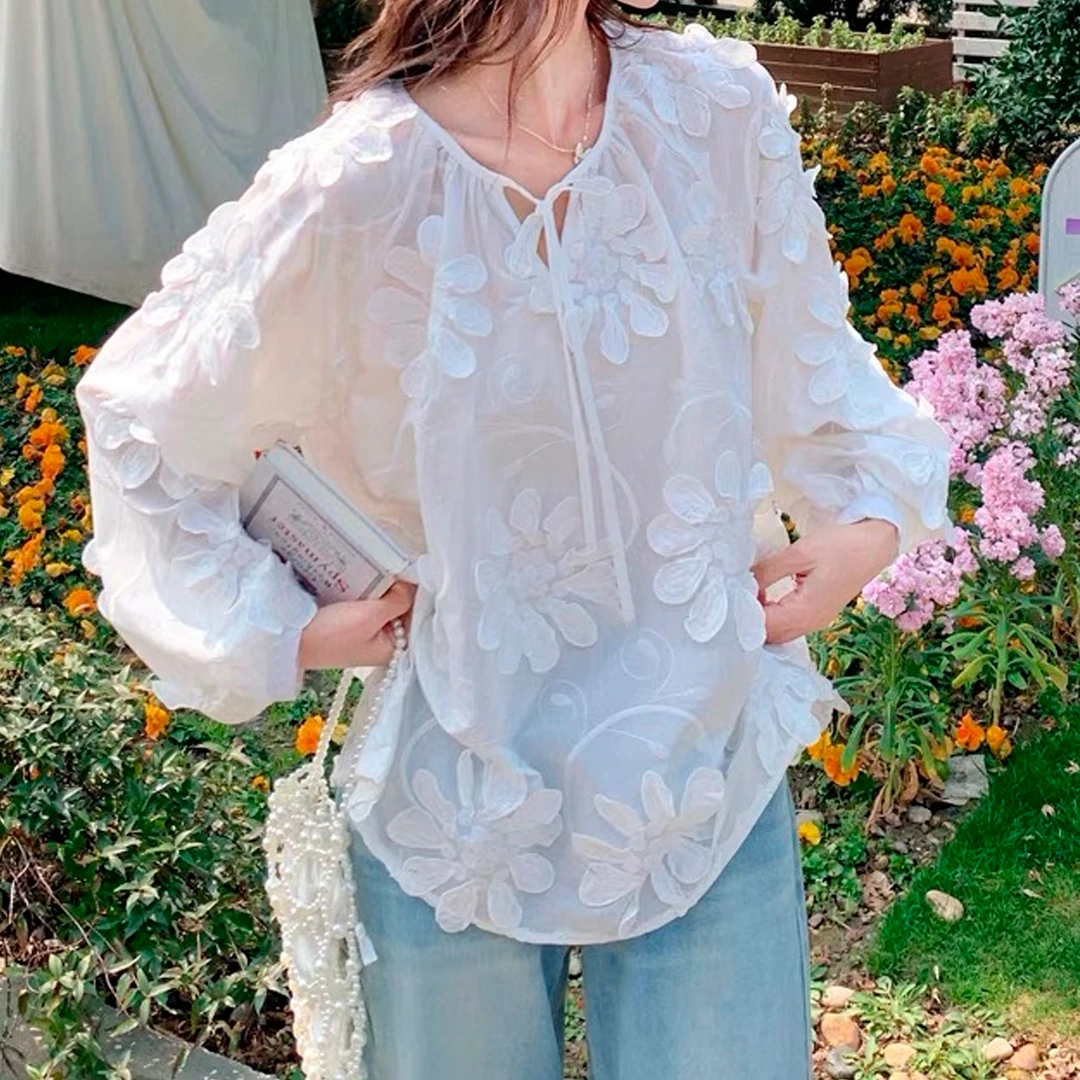 诗妮歌【花朵天丝衬衫】奢感系列~浪漫优雅仙气十足绑带领立体衬衫