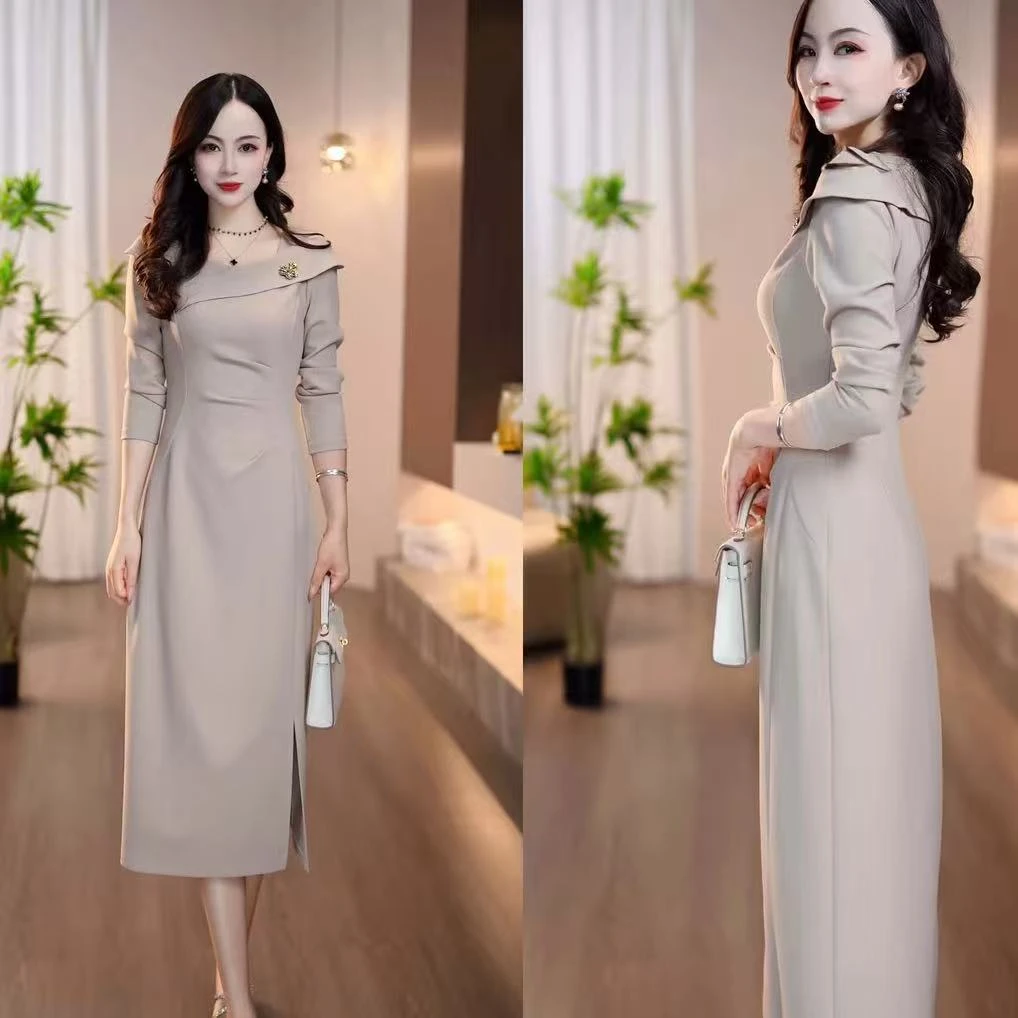 【连衣裙】秋季新款燕麦色斜交领精致气质优雅大气收腰显瘦连衣裙