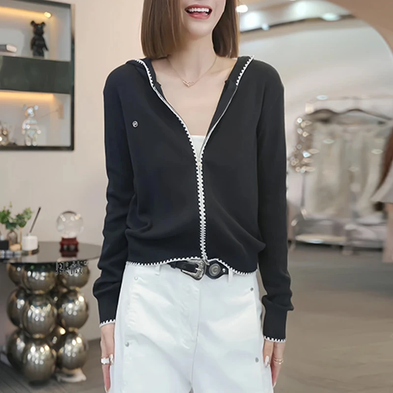 美拉德穿搭连帽拉链针织开衫外套女秋季新款小众复古洋气时髦上衣