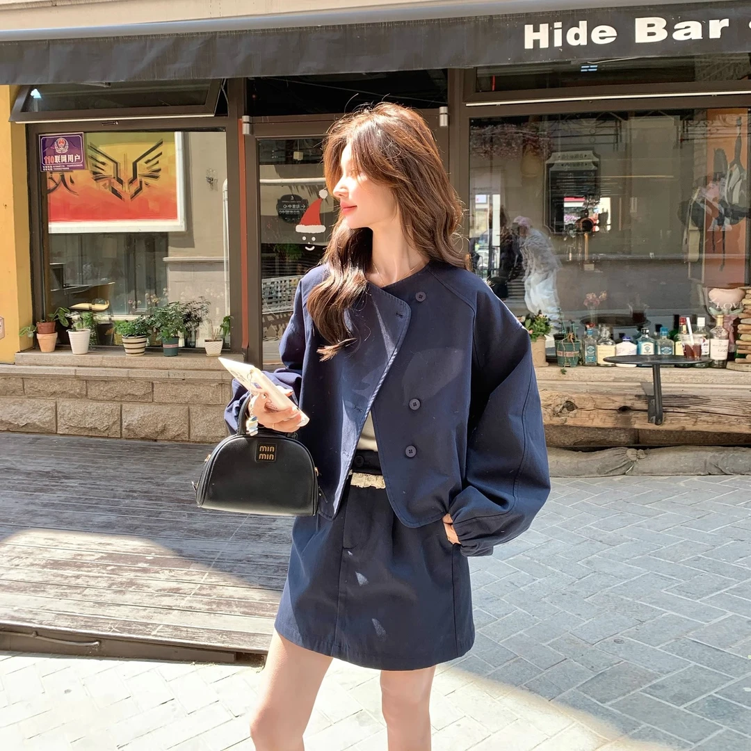 藏青色休闲松弛感套装裙女秋季2025新款小个子外套半身短裙两件套