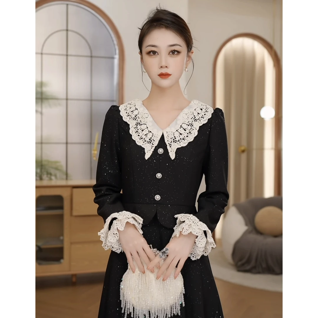 【梦梦&GERTCOREL】千金盛宴法式名媛蕾丝勾花细闪连衣裙CC243L1053