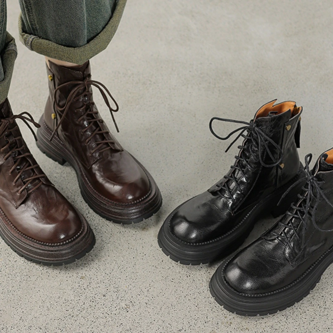 严选马丁靴女英伦风秋冬帅气系带后拉链女靴厚底春秋短靴机车单靴