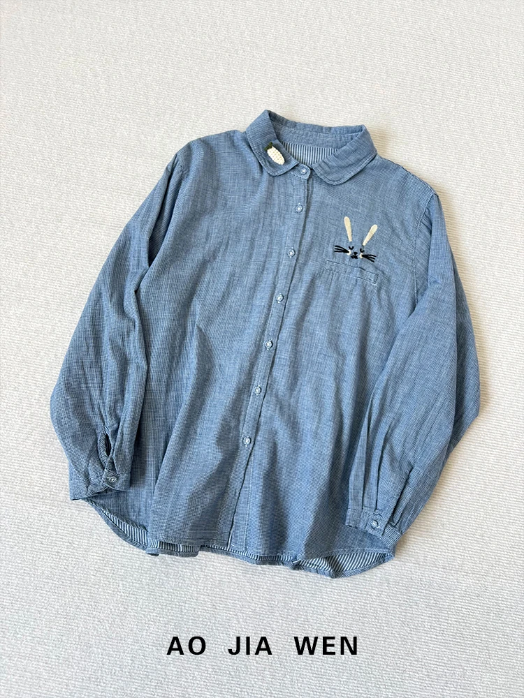 【佳文定制】2077双层棉纱细格纹亚麻麻刺绣长袖衬衫