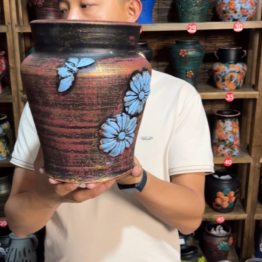红陶浮雕花盆炸炸炸