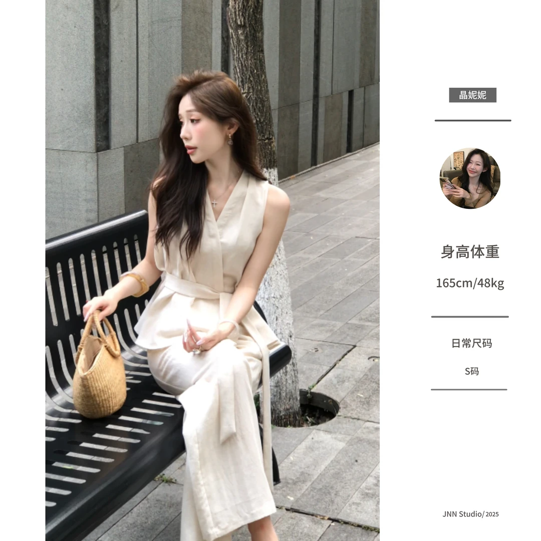 【妮晶晶专属】夏季新款时尚气质设计感收腰亚麻上衣宽松阔腿裤2819