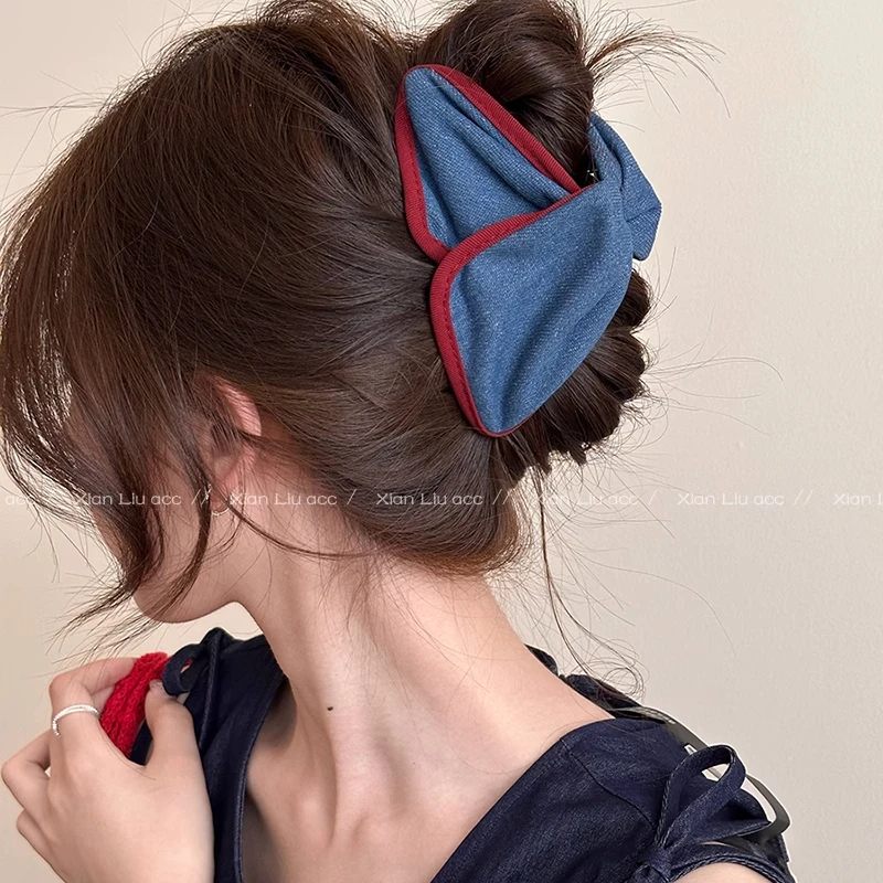 甜酷氛围复古韩系气质抓夹女孩高级百搭发抓洋气上头牛仔绝美撞色