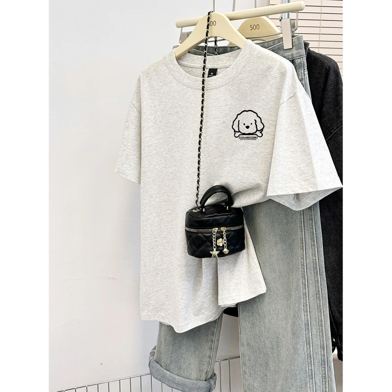 白灰色纯棉慵懒圆领短袖t恤女2026新款韩系宽松休闲百搭打底上衣