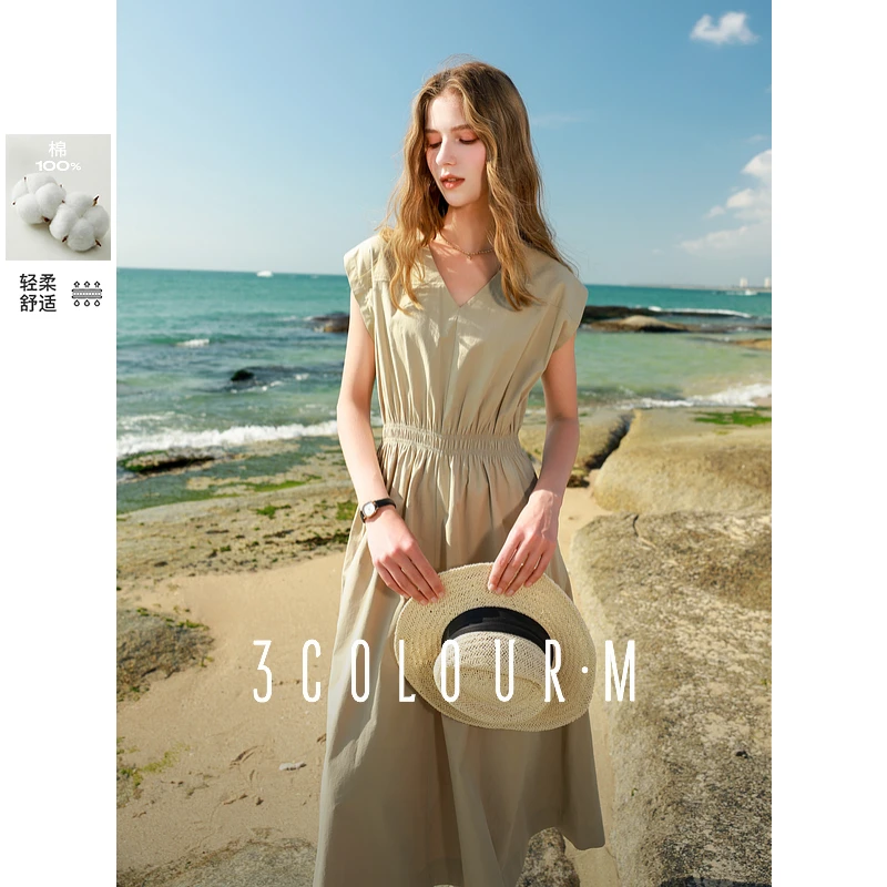 3572-D401EM10XL20三彩2025春季新款V领短袖高腰连衣裙显dbx