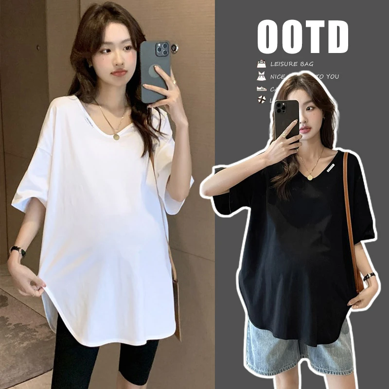 孕妇装夏季新款时尚韩版休闲宽松洋气爆款纯色V领短袖T恤2025