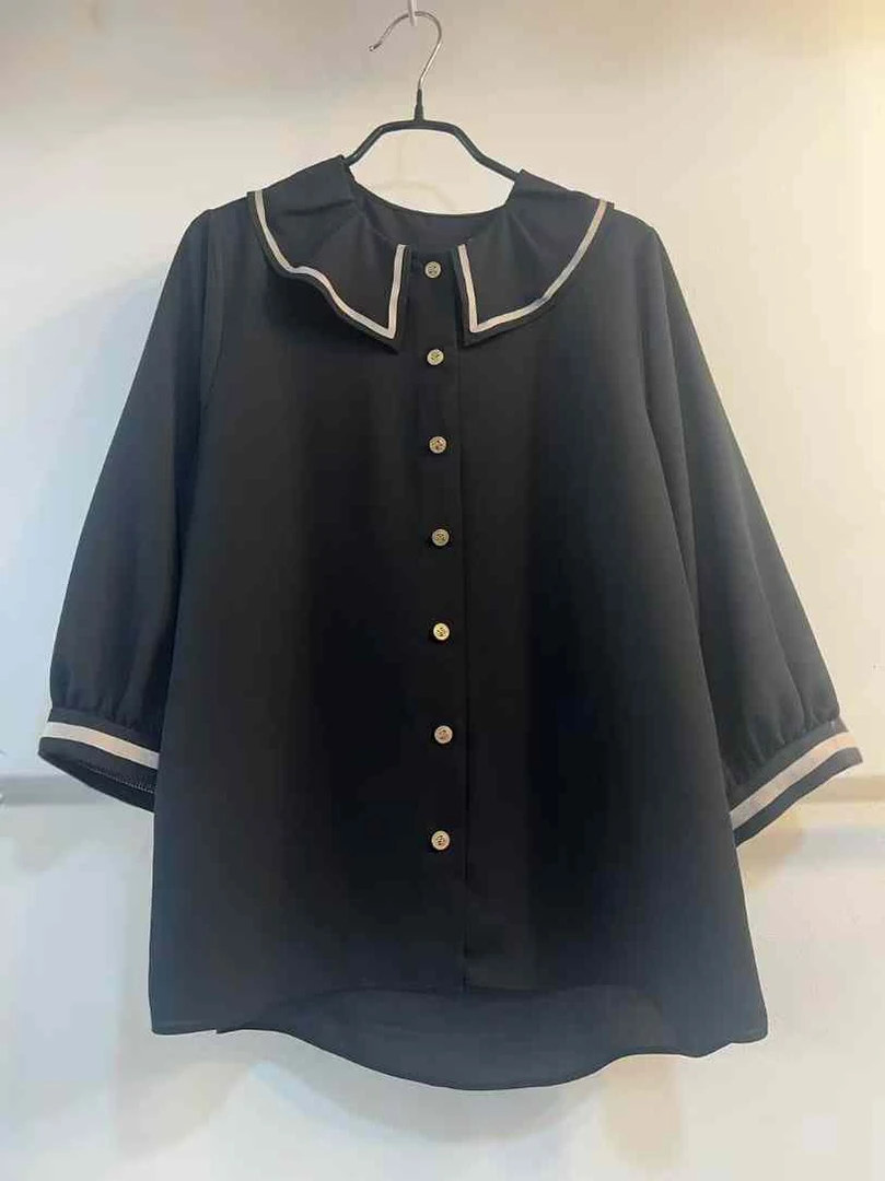 秋款韩国进口韩版韩国设计师款宽松百褶短袖上衣