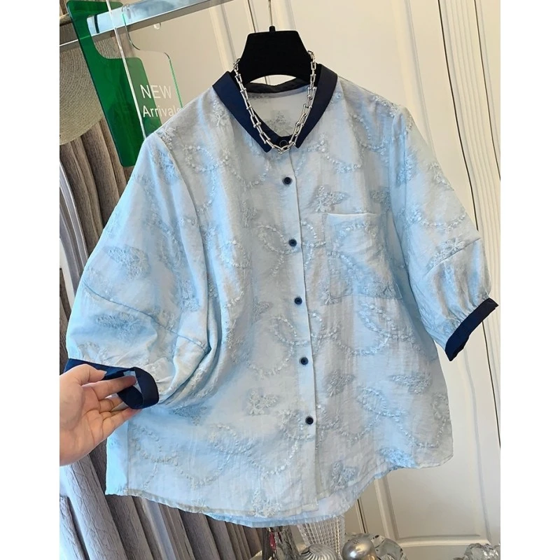 独特超好看时尚法式气质泡泡袖蓝色刺绣短袖衬衫宽松上衣女小个子
