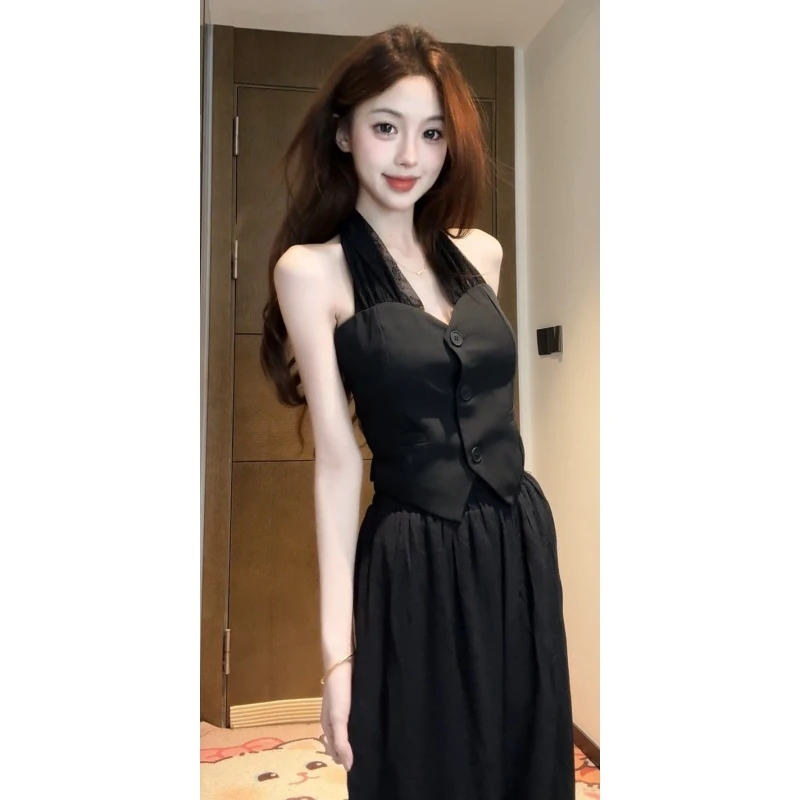 【XIAOBAWANG】V领挂脖吊带外穿纯欲风辣妹修身无袖上衣套装W