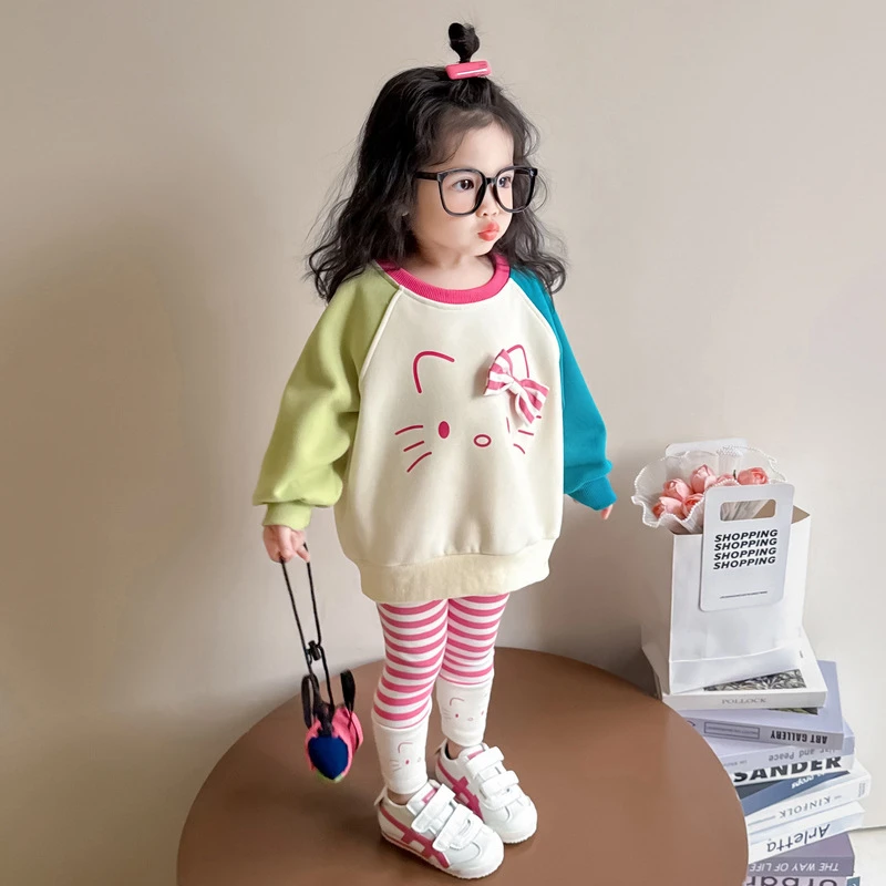 多巴胺穿搭春装女童拼色彩虹条纹卫衣拼接打底裤套装两件套洋气潮