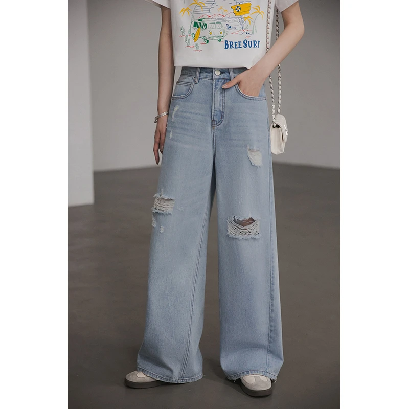 小谷粒废墟丹宁牛仔裤高腰双版本裤子女款夏季磨破女士新款裤子
